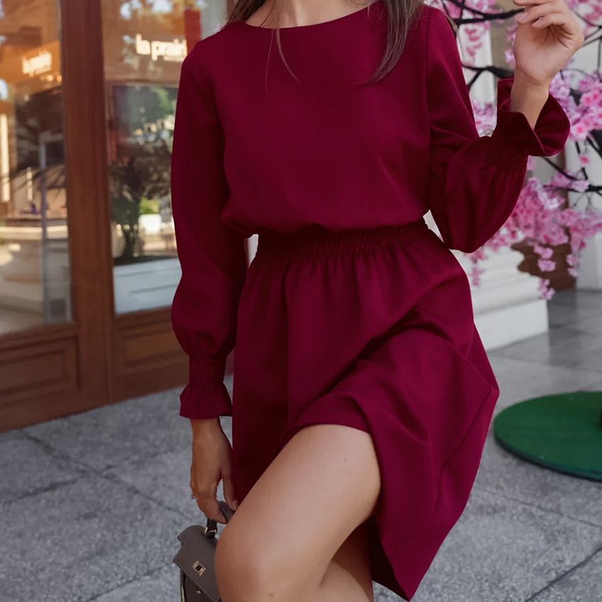 2025 Burgundy round neck lantern sleeve high waist pullover dress popularwildberries spring hot new product women