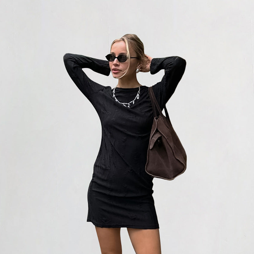 2025 popular autumn simple knitted retro round neck slim and thin hip skirt versatile gray dress women's clothing