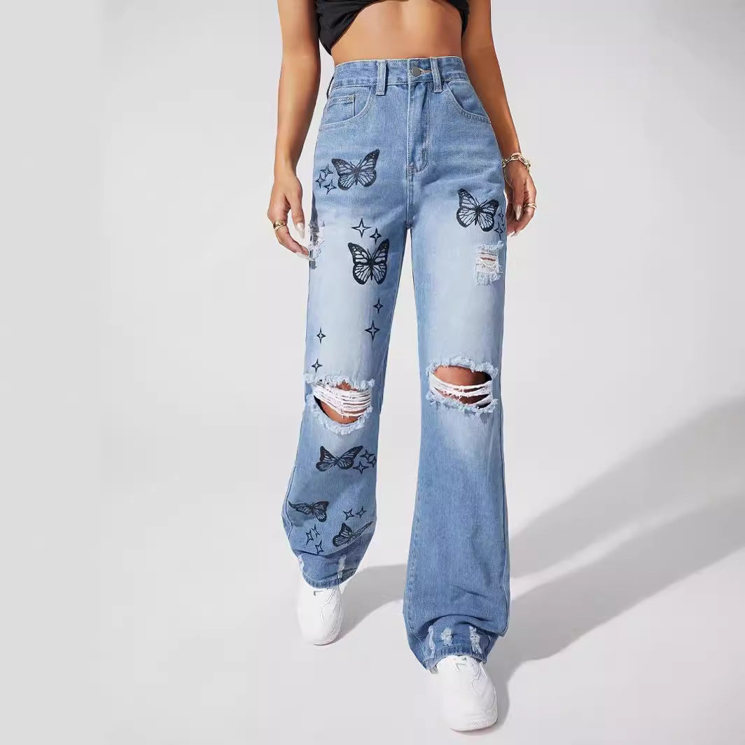 New European and American Wish Embroidery Ripped Fashion Denim Skinny Pants Female 69310