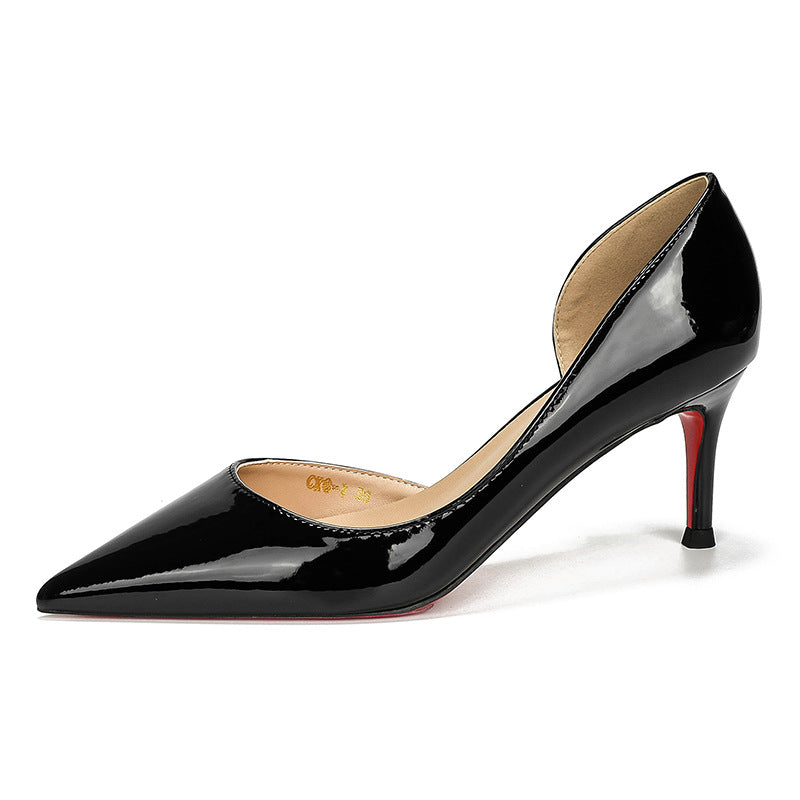 loveccr Nude Color Side Empty Red High Heel Shoes Women's Stiletto Heel New Pointed Low-Cut Patent Leather Sexy Temperament Genuine Leather Pumps