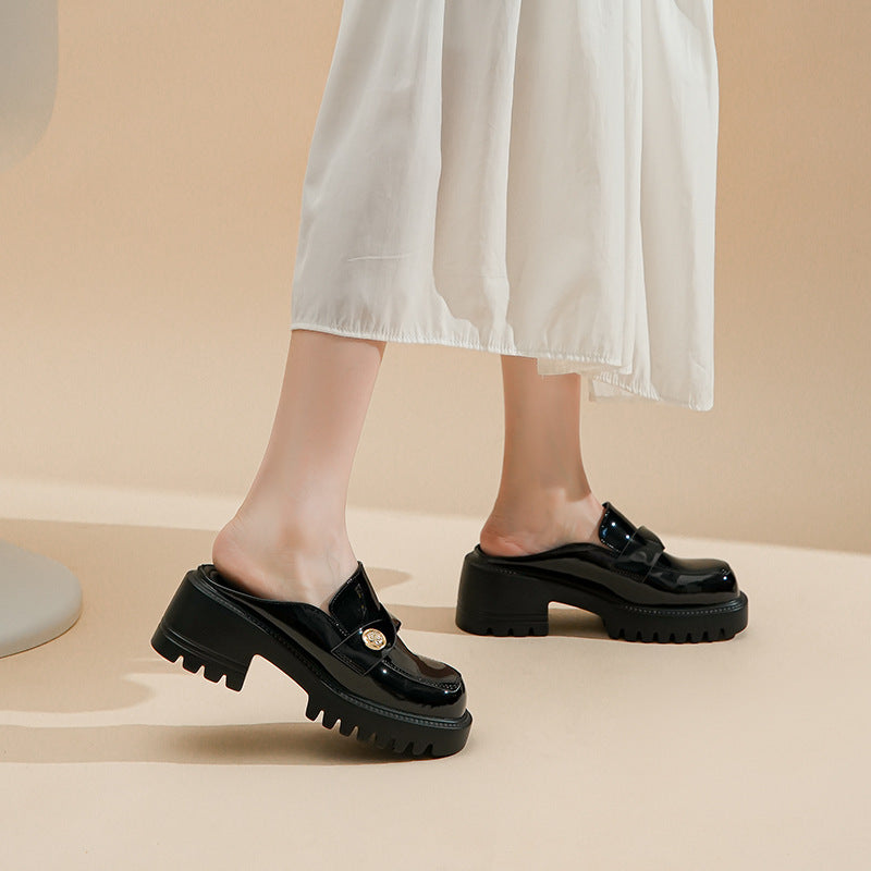 2025 Cowhide version~ New leather bag head half drag women's summer new sandals loafers wear thick-soled lazy small leather shoes