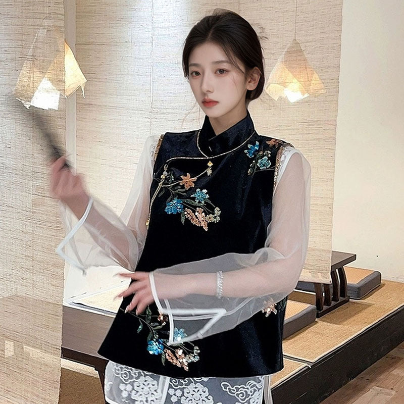 spring new new Chinese satin sequined vest national style temperament design sense black vest M3038