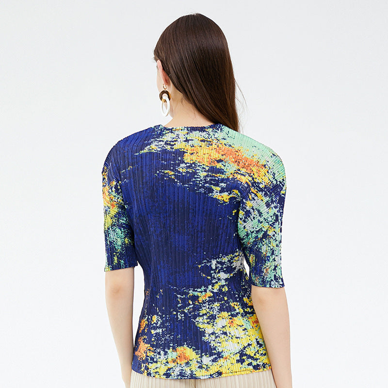 Casual style summer new niche starry sky printed top crew neck versatile t-shirt women's summer pleated bottoming shirt