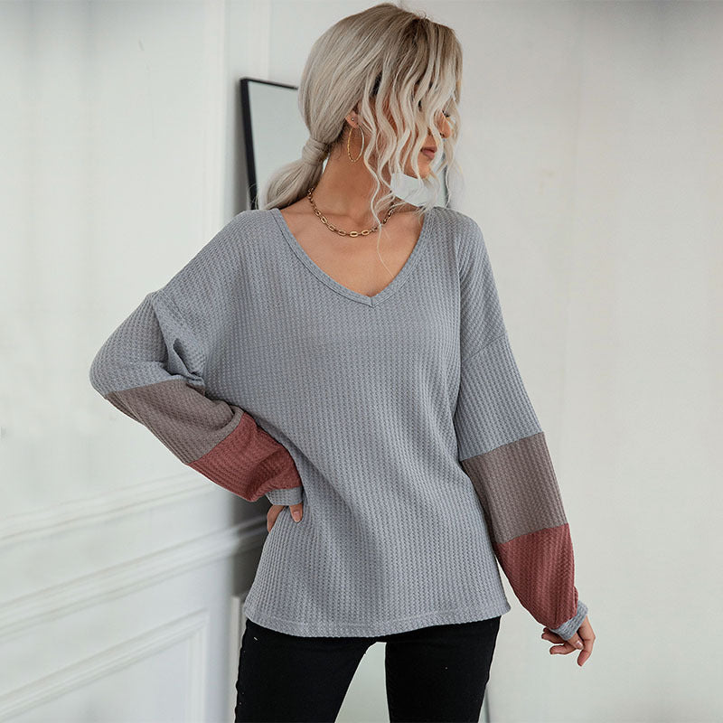 LOVECCR New Hot Trade popular New 2025 Autumn Color Matching Long Sleeve Gray V-Neck Knitted Sweater