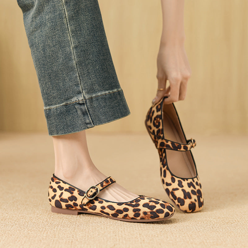 2025 Cowhide version~ genuine leather leopard print low-heeled Mary Jane shoes women's popular new light-mouth single shoes with small leather shoes
