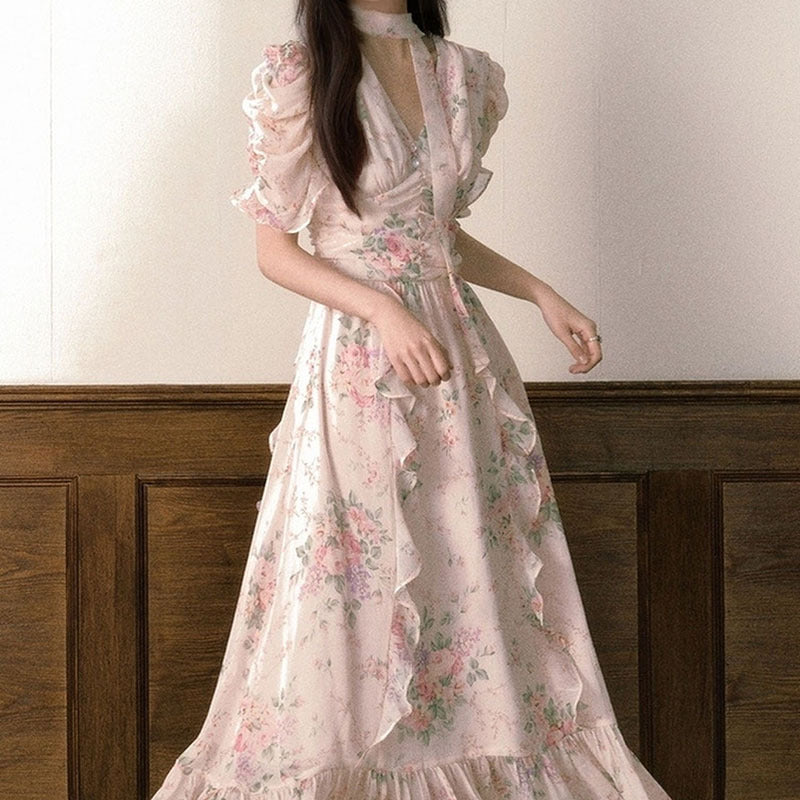 summer new floral bubble sleeve dress sweet, fresh and beautiful design fairy dress M4232