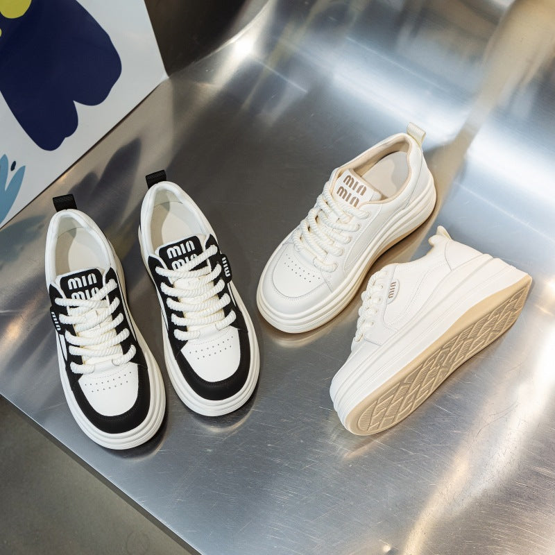loveccr White Shoes for Women New Spring Casual Women's Sports Shoes All-Matching Genuine Leather Raise the Bottom Black and White Panda Board Shoes
