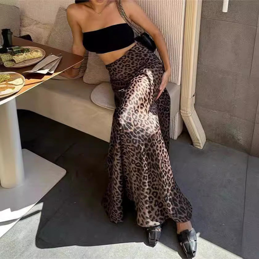 Foreign Trade Summer Women's Leopard Print High Waist Bohemian Large Hem Drape A- line Skirt