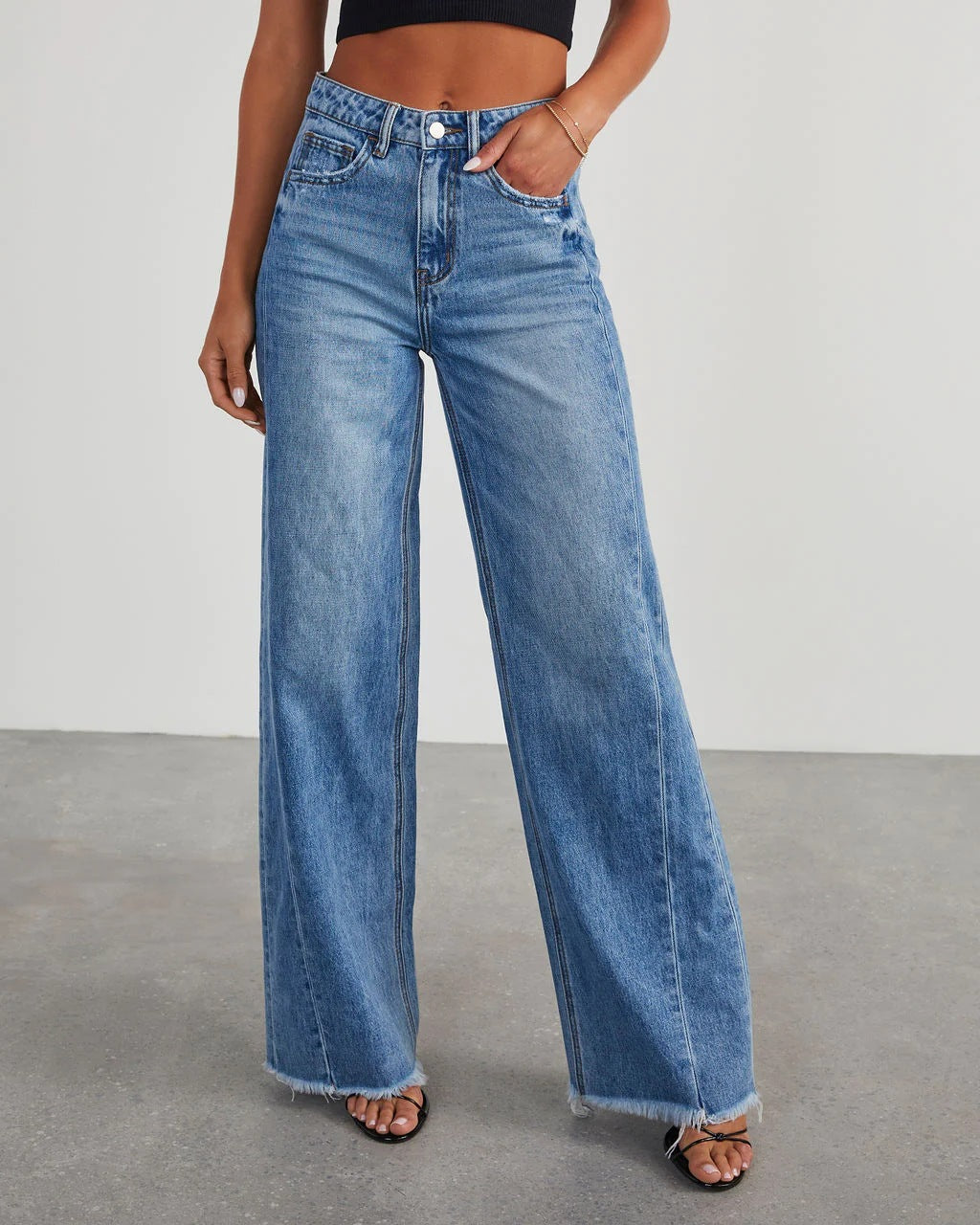 European and American Women's Clothing New Loose Wide-Leg Side Seam Stitching Frayed Hem Jeans for Women 32150