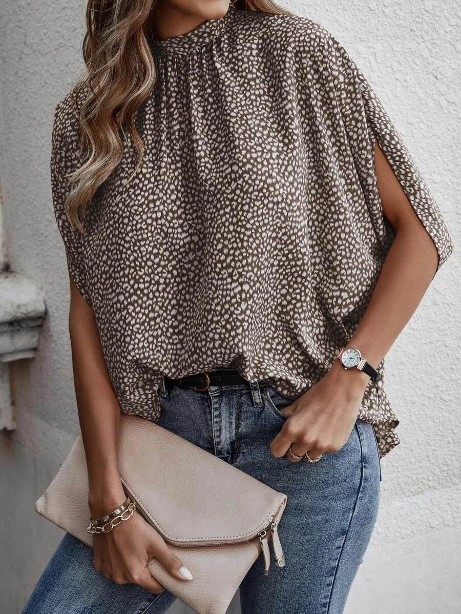 2025 Popular, , New women's clothing summer new casual fashion printed split-ended bat sleeve top women