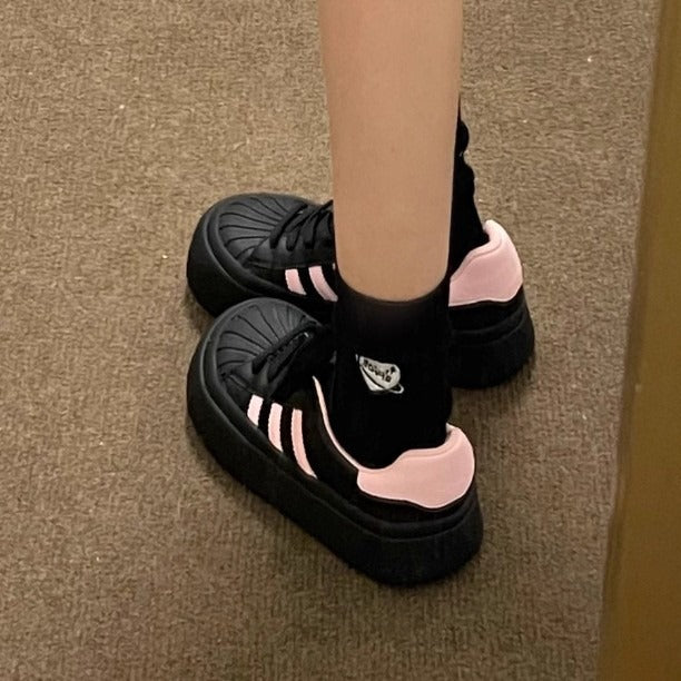 loveccr Niche Black Shoes Women's Autumn and Winter New Platform Sneakers Women's Versatile Shell Toe Sports Casual Shoes Height Increasing