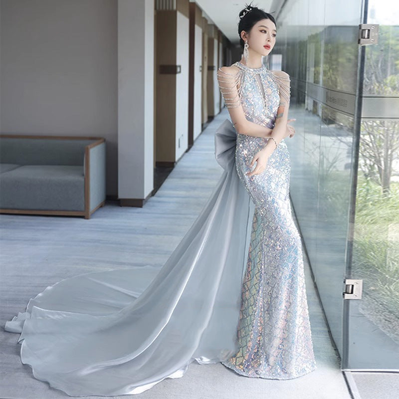 LOVERCCR High-End Evening Dress for Women High-End Affordable Luxury Banquet Host Trailing Wedding Dress Fishtail Sexy Halter Long Dress