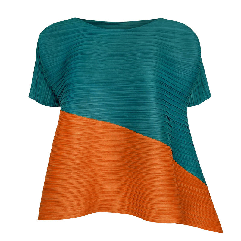 summer new Korean version fashion pleated design sense round neck short sleeve loose contrasting casual t-shirt top women