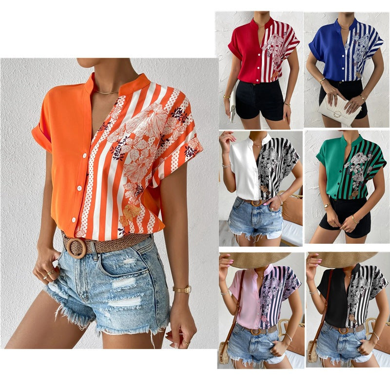 2025 Popular, , New women's clothing summer new double-spell contrasting color flower button cardigan short-sleeved shirt women