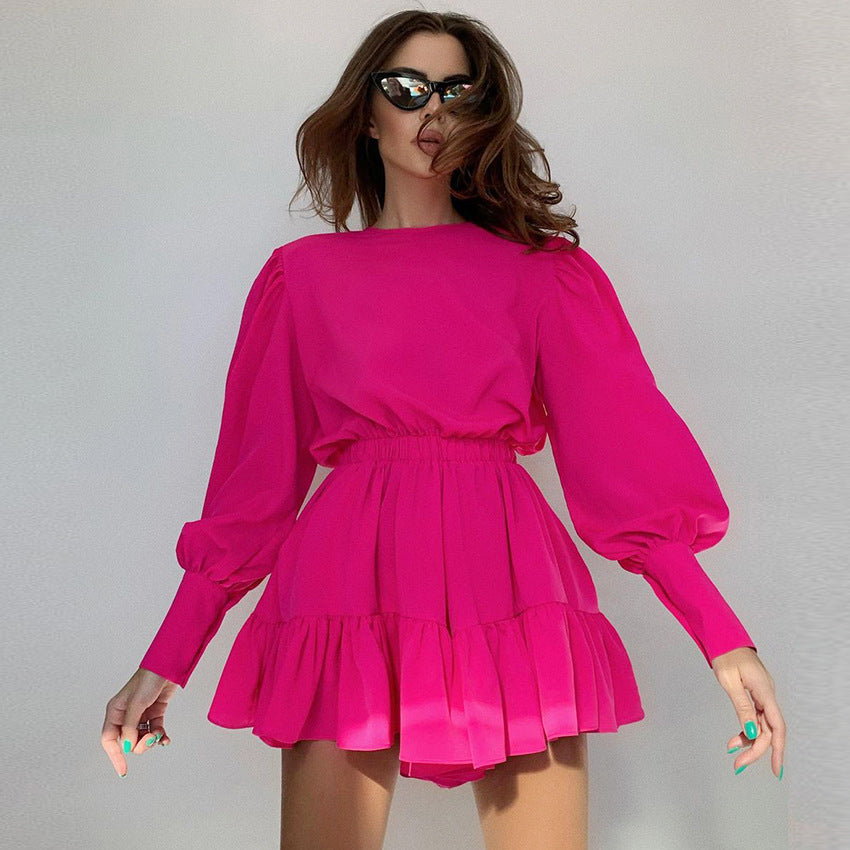 2025 autumn and winter new medium and long skirts, lantern sleeves, waist temperament commuting retro long-sleeved dresses, women