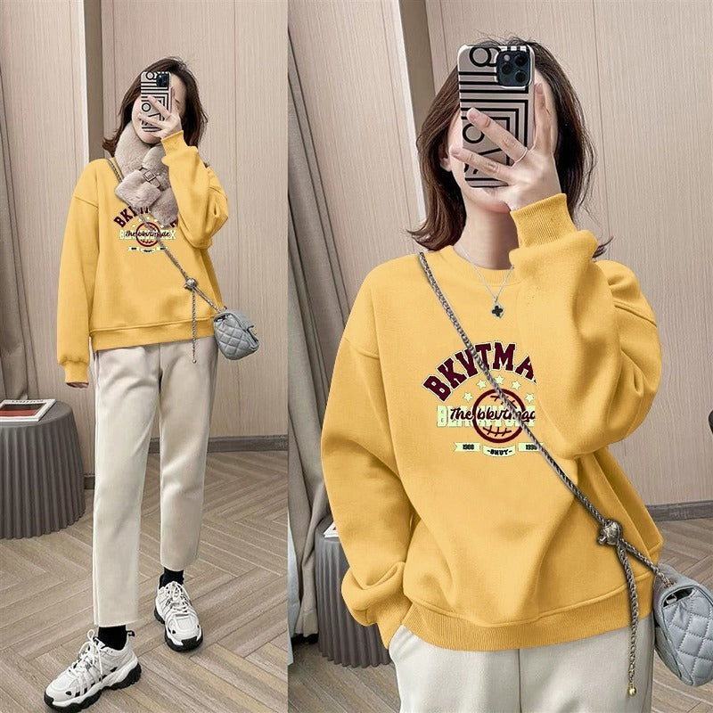 popular Spring and Autumn New Korean Edition Fashion Crew Neck Sweater Women's Loose Long Sleeve Small Versatile Fleece Top Trend