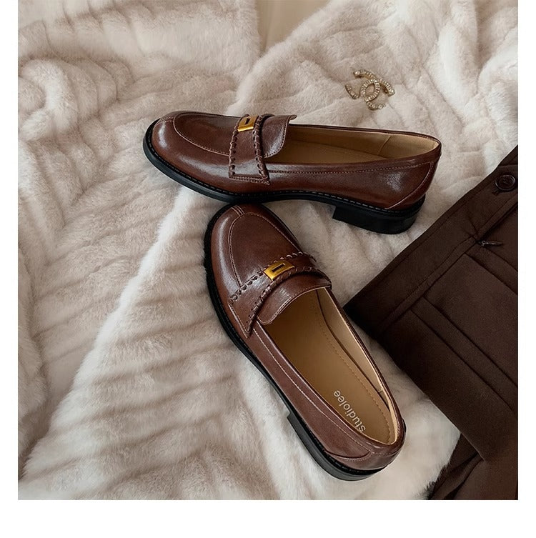 2025 Cowhide version~ British style leather one-pedal versatile loafers women's new retro thick heel low heel small leather shoes