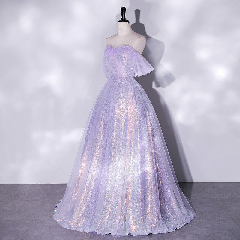 LOVECCR Violet Evening Dress for Women New off-Shoulder Mesh Slimming Annual Party Banquet Host Toast Dress Bride