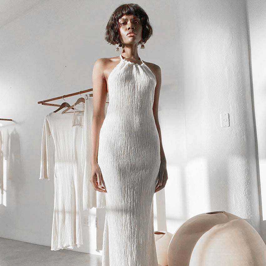 2025 popular summer new neck sleeveless chiffon suspender white dress women's clothing halter split fashion long dress