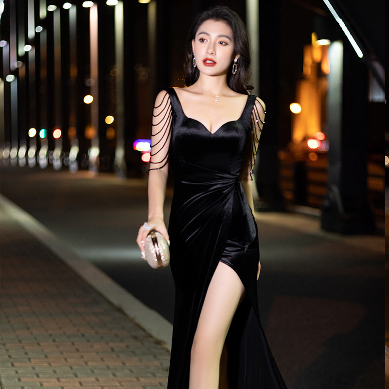 LOVECCR New Style Banquet Evening Dress Fairy Dreamy Black Sling Noble Temperament Host Long Dress