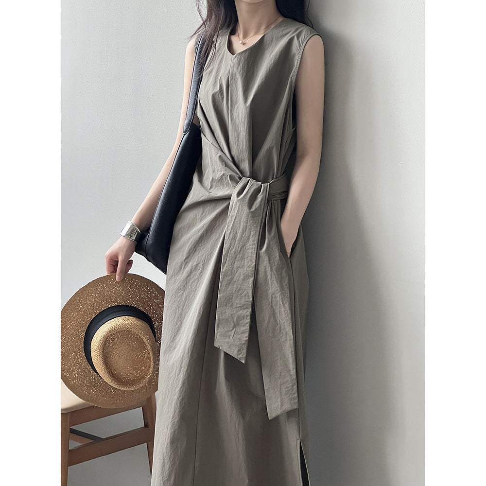 Yan Shuangfu Waist Belt Sleeveless Dress Summer New Design Sense Tea Break A- line Dress 9098