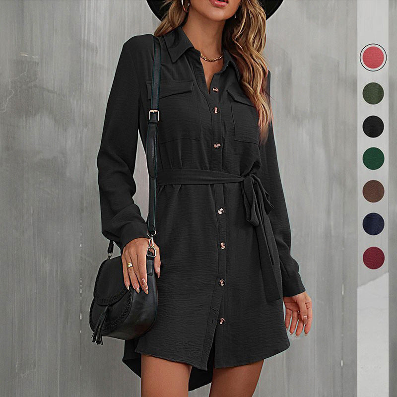 LOVECCR Hot autumn 2025 cardigan shirt lapel women's commuter lace-up shirt dress