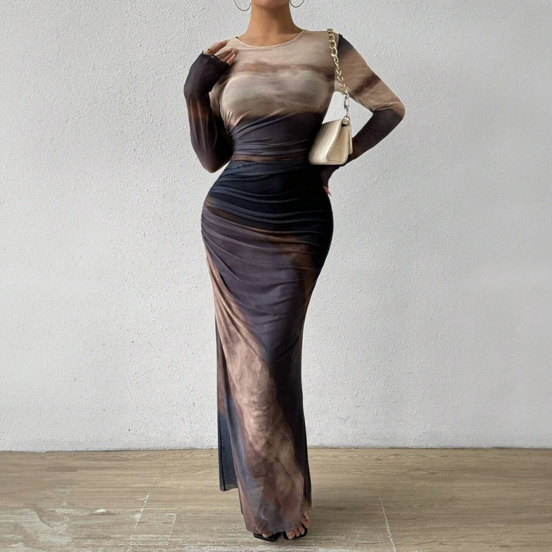 LOVECCRcross-border women's clothing autumn and winter new fashion printing gradual change slim crew neck long sleeve temperament dress