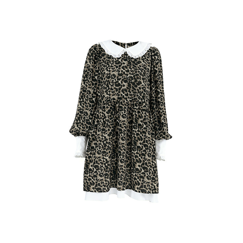 2025 Leopard print V-neck bubble sleeve splicing ruffle leaf edge pullover dress popular new spring fashion wholesale women
