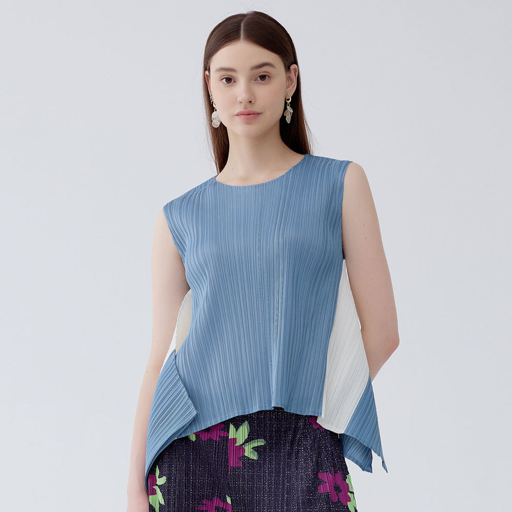 Contrasting color top women's summer new irregular design sense simple sleeveless round neck special-shaped top women
