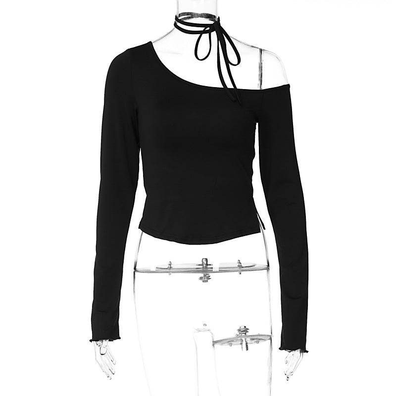 LOVECCR 2025 INS style women's clothing Hot summer new fashionable solid color slanted shoulder slim shoulder sexy long-sleeved T-shirt top