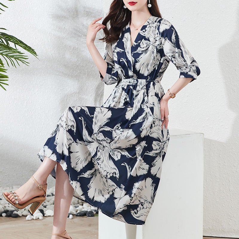 Silk Dress Women's Mulberry Silk Summer New High-End Temperament V-neck plus Size Floral Dress Women's High Sense