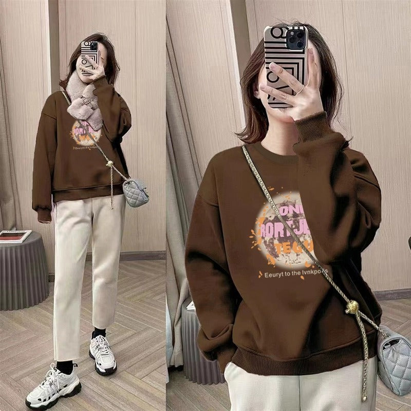 spring and autumn Korean version of fashion small round neck pullover fleece sweater long sleeve loose tide ins style top