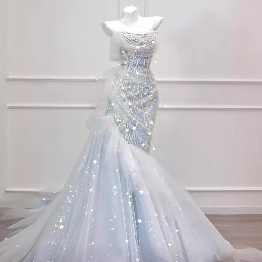 LOVECCR Light Blue Host Star Toast Clothing Halter Model Catwalk Beaded Annual Meeting Mermaid 18-Year-Old Adult Dress