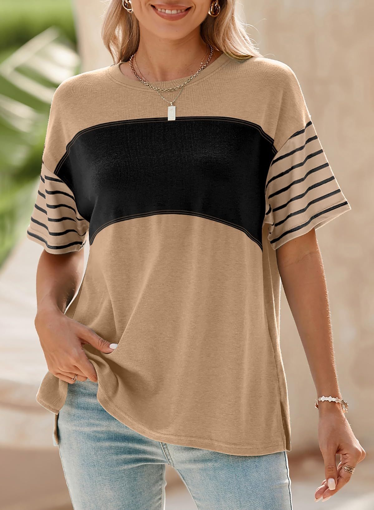 2025 Popular, , New women's clothing spring and summer new pullover round neck casual striped contrasting color short-sleeved t-shirt women