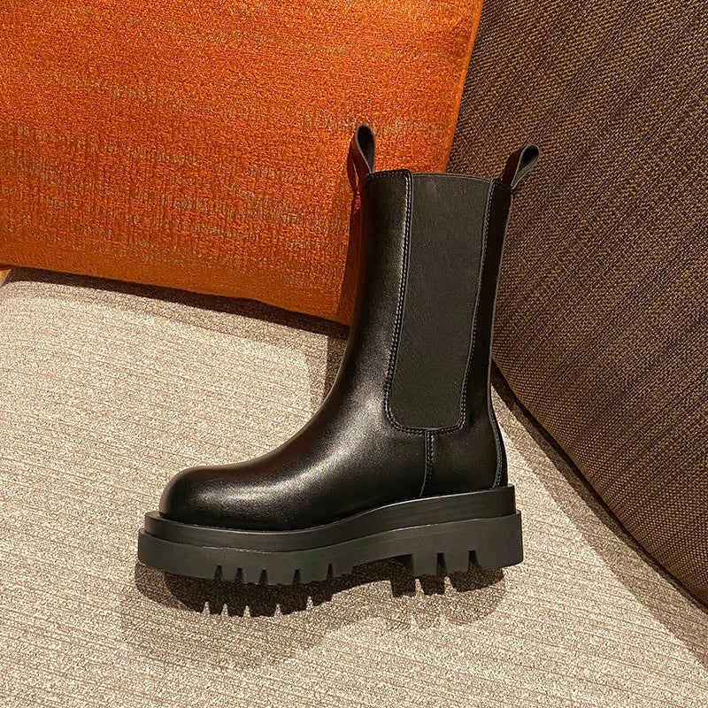 2025 Cowhide version~ New autumn and winter platform Chelsea short boots women's inner height increase Martin boots velvet chimney medium boots