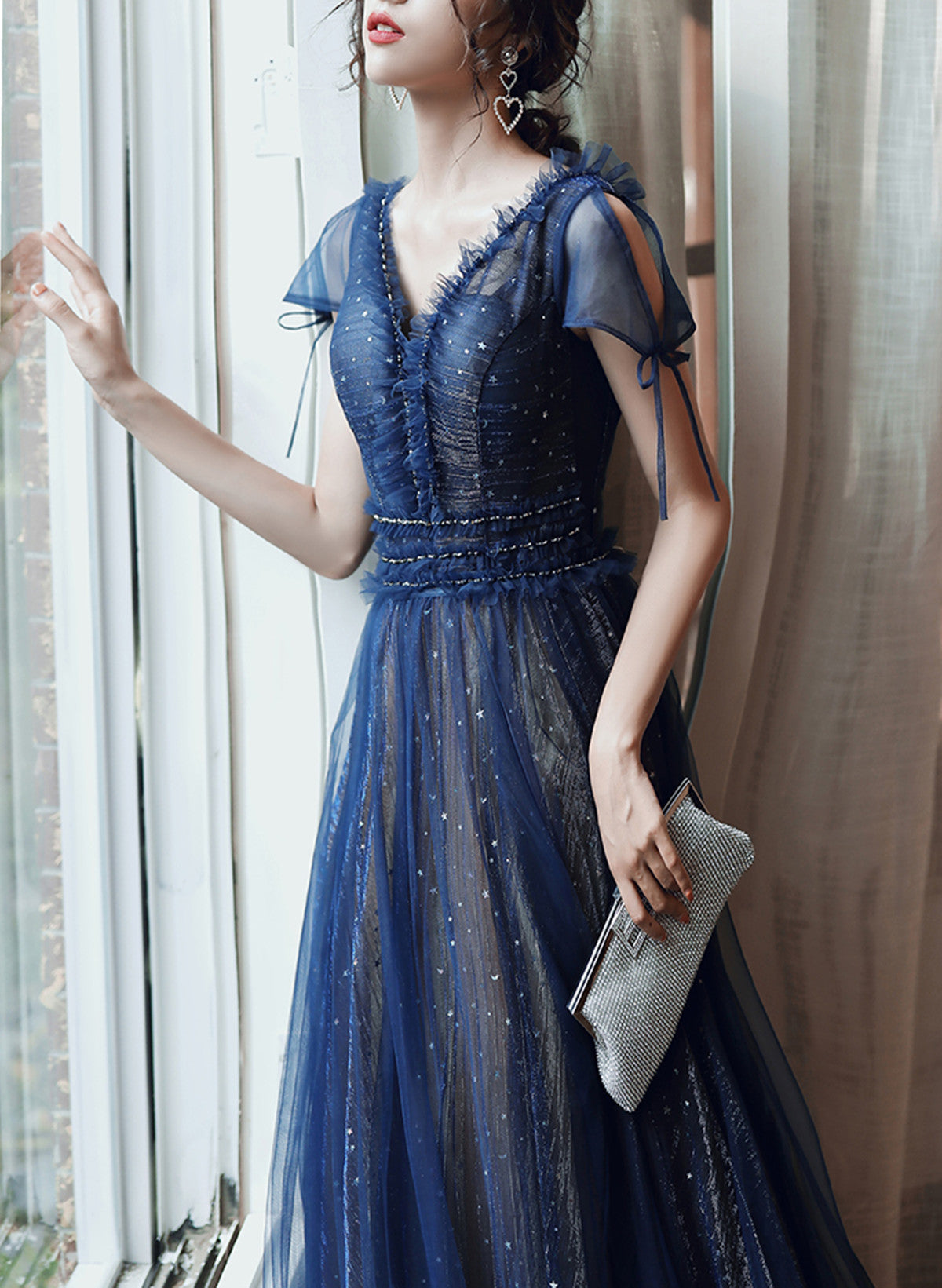 LOVECCRNavy Blue A-line Short Sleeves V-neckline Party Dress, Navy Blue Prom Dress