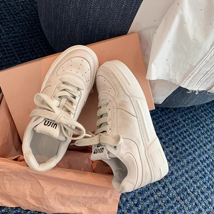loveccr Mu's Genuine Leather Thick-Soled Distressed Sneakers Spring and Summer New Lace-up Casual Shoes Women's Dirty White Shoes