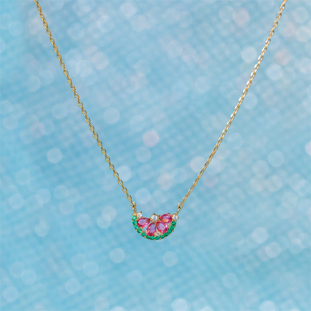 Summer Fresh Watermelon Fruit Necklace 18K Real Gold Micro Inlaid Color Zircon Pendant Cross-Border Sold Jewelry Jewelry Wholesale