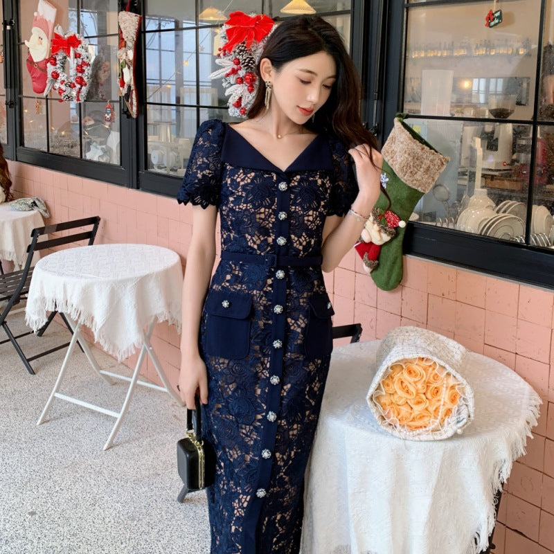 LOVECCR Early Spring New Women's Clothing Water Soluble Lace Dark Blue Large Lapel High Waist Slimming Dress Long Dress Evening Dress