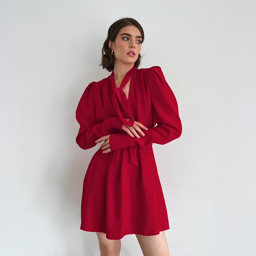 2025 popular Autumn Temperament V-Neck Bubble Sleeve Design Sense Dress Black Long Sleeve Chiffon Short Skirt Women's Clothing