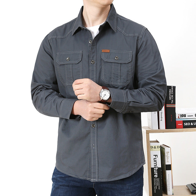 Men's Casual Loose Long-Sleeved Shirt New plus Size Solid Color Young and Middle-Aged Shirt Autumn Workwear Pocket Style