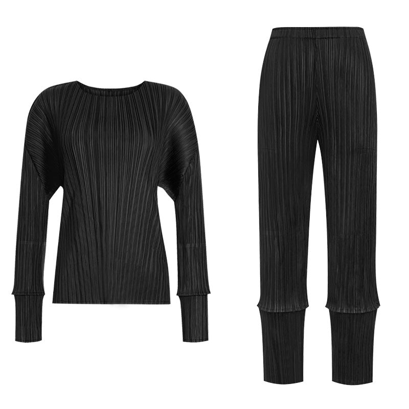 spring new women's clothing splicing casual suit long-sleeved top fashion versatile pants two-piece set women