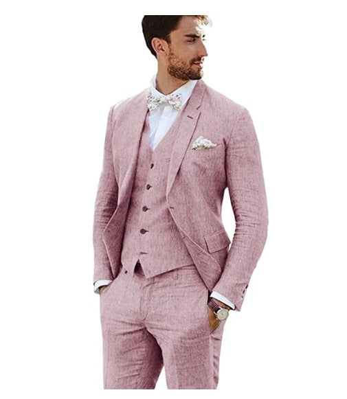 LOVECCR Men's Linen Slim Fit Suit Wedding Western Slim Fit 3 Piece Set Groom Swallowtail Best Men's Prom Suit