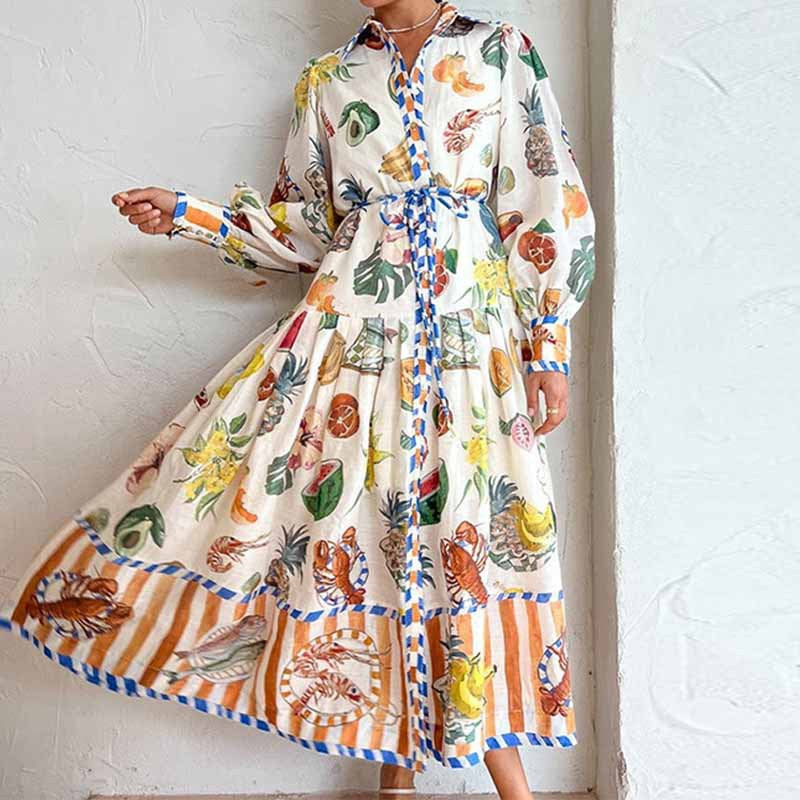 Foreign Trade New Women's Elegant Lantern Sleeve Printed Long Lapel and Waist Tight Long Sleeve Dress