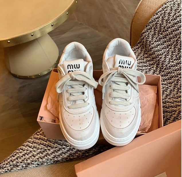 loveccr Mu's Genuine Leather Thick-Soled Distressed Sneakers Spring and Summer New Lace-up Casual Shoes Women's Dirty White Shoes