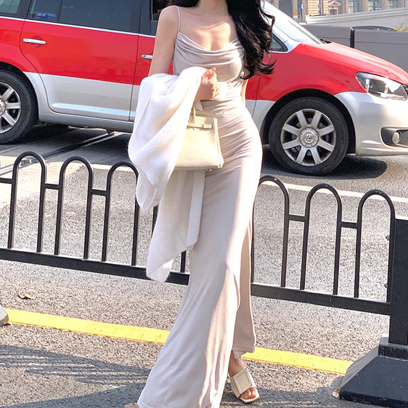 LOVECCR Jinqian White Strap Dress Women's Spring and Summer New Elegant Adult Lady like Woman Style Sheath Long Skirt Swing Collar Fashion