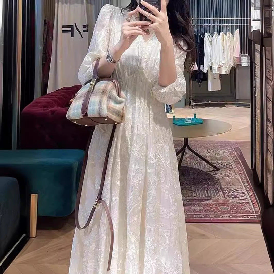 LOVECCR Machine Embroidery V-neck Design Tight Waist Slimming Dress Summer New Vacation Princess Dress