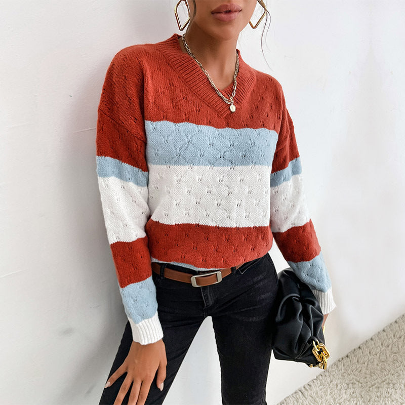 LOVECCR New Hot Trade popular Spring and Autumn New Long Sleeve V-Neck Pullover Striped Color Matching Knitted Sweater