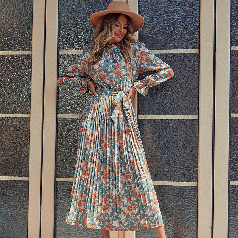LOVECCR foreign trade Hot autumn and winter new women's clothing 2025 printed dress long pleated skirt