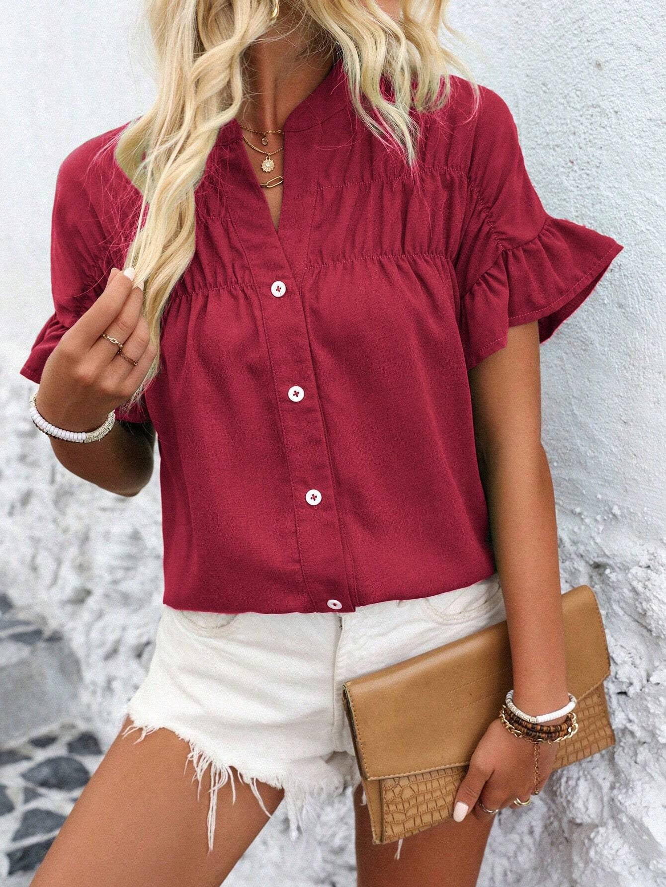 2025 Popular trade women's clothing casual short-sleeved pleated shirt button solid color cotton and linen stand-up collar shirt women